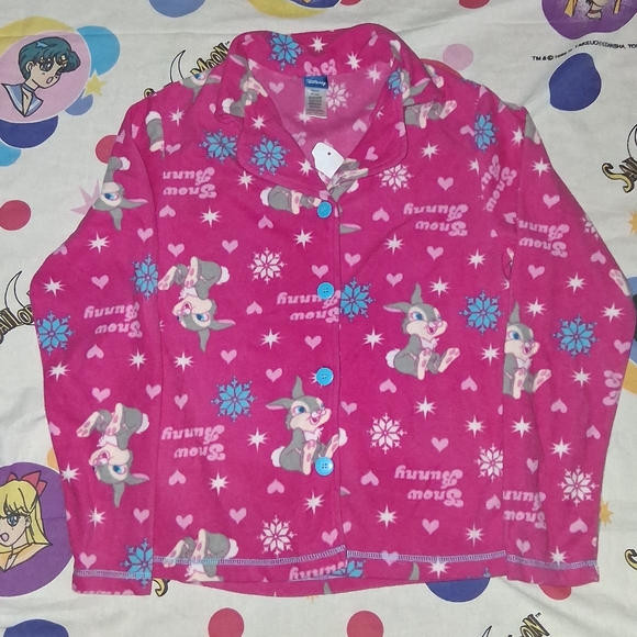 New Disney Bambi Snow Bunny Fleecd Pajamas Set Long Sleeve Button Up Shirt Pants - Picture 2 of 9